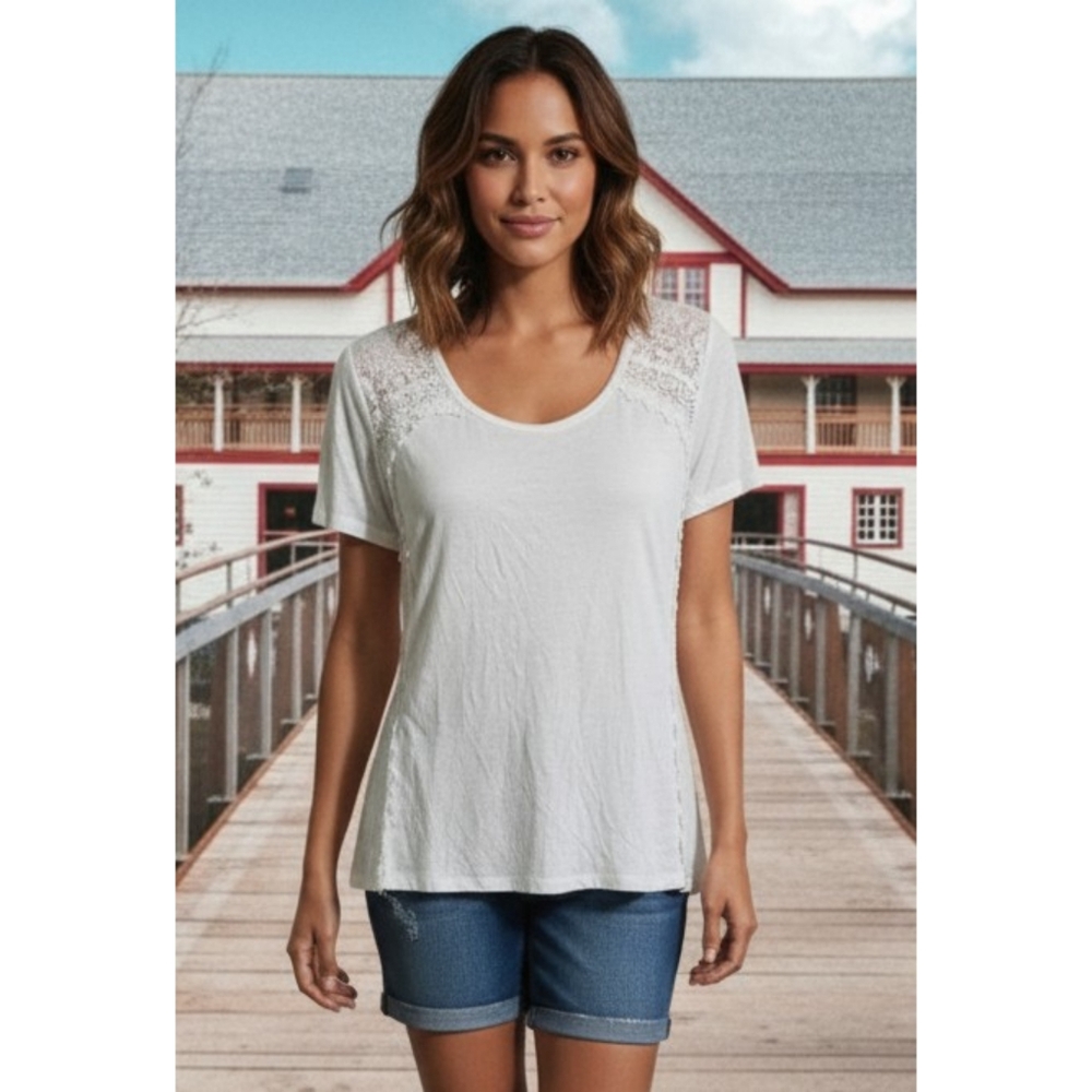 Ruff Hewn Lace/Crochet High low Tee Ivory Size L New